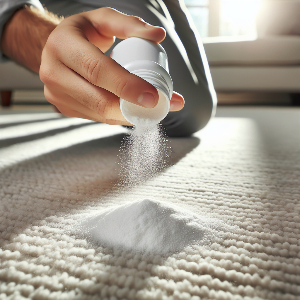 A hand sprinkling white baking soda powder generously onto a light-colored carpet. The scene is bright and clean, emphasizing a simple, effective household remedy for removing odors. Close-up, practical, natural light.