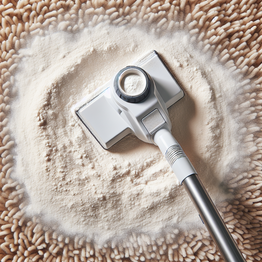 A close-up, top-down view of a thick, dried layer of white baking soda powder completely covering an old dog urine stain on a beige, shaggy carpet. A small, modern handheld vacuum cleaner nozzle is poised at the edge of the baking soda layer, ready to clean it up. The focus is on the texture of the powder and the carpet, emphasizing the absorption and cleaning process in a bright, clean, and minimalist style.