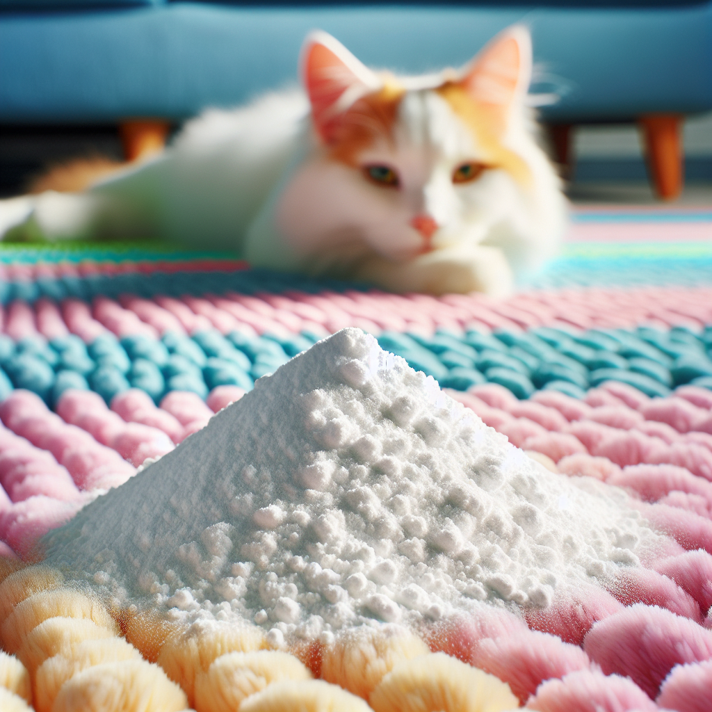 A close-up, realistic photo of a small pile of white baking soda powder on a light-colored, plush carpet. In the background, slightly out of focus, a content, clean house cat is relaxing peacefully on a sofa. The scene should convey cleanliness, freshness, and a calm home atmosphere with soft natural light.