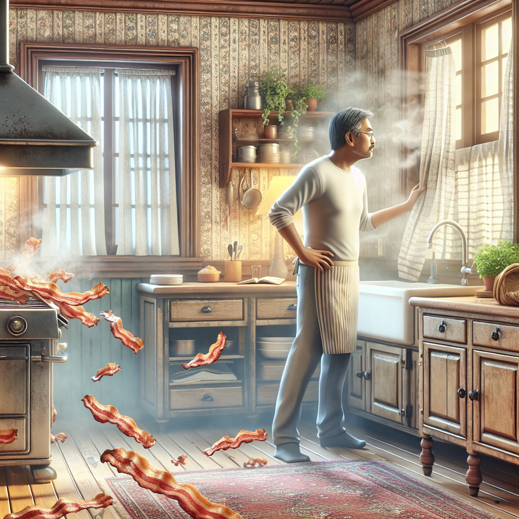 A cozy kitchen scene after cooking bacon, with a subtle haze of lingering smell visible in the air. A person, looking slightly frustrated or overwhelmed, stands in the kitchen, perhaps opening a window or looking around for a solution. Emphasize a realistic, slightly messy home kitchen environment. The mood is one of persistent odor.