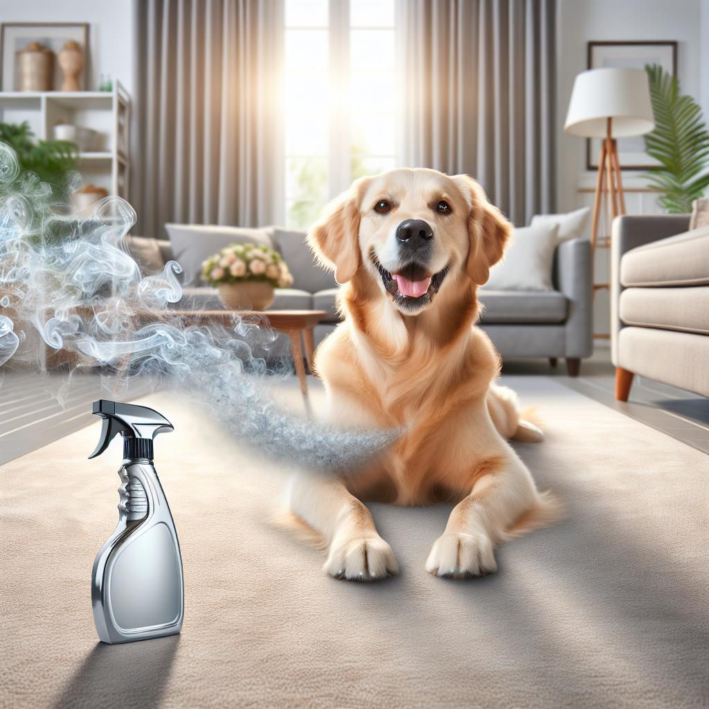 A cheerful golden retriever resting comfortably on a pristine, freshly cleaned carpet in a bright, modern living room. Subtle, stylized wisps of 'bad odor' are visibly dissipating and disappearing into the air around the dog and carpet, being replaced by a visible aura of cleanliness and fresh air. A sleek spray bottle (representing Bactador) is subtly placed nearby on a coffee table. High-quality, realistic photo, natural lighting.