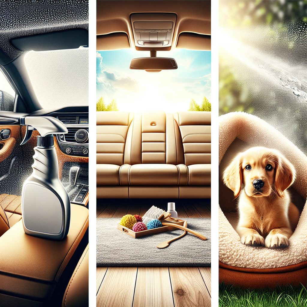 A visually appealing collage or triptych of three distinct scenes, each representing an area made fresh and clean by odor elimination: 1) A spotless car interior with a fresh, airy feel. 2) A close-up of a clean, vibrant sofa fabric or carpet, free of stains and and bad smells. 3) A cozy, hygienic pet sleeping area (e.g., a dog bed) that looks and feels fresh. A generic, modern spray bottle is incorporated prominently into one of the scenes or as a central element. Bright, clean aesthetic with realistic photography.