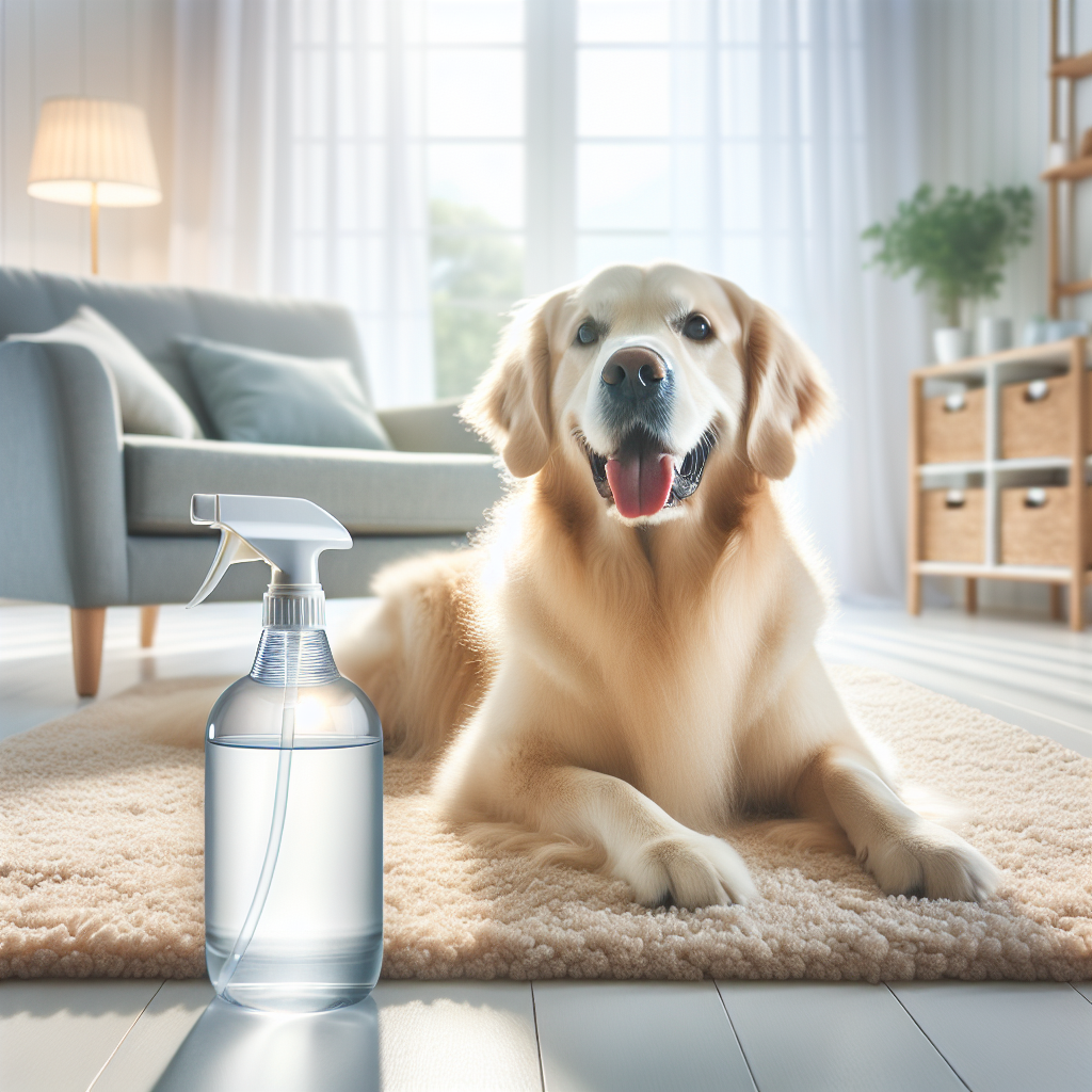 A bright, airy living room bathed in natural light, showcasing a fresh and clean atmosphere. A happy golden retriever lies comfortably on a plush, odor-free rug. In the background, a modern spray bottle, subtly representing Bactodes Geruchsentferner, sits on a clean surface, hinting at the solution for pet odors and a fresh-smelling home. The scene evokes freshness, hygiene, and comfort, free from any unpleasant smells.