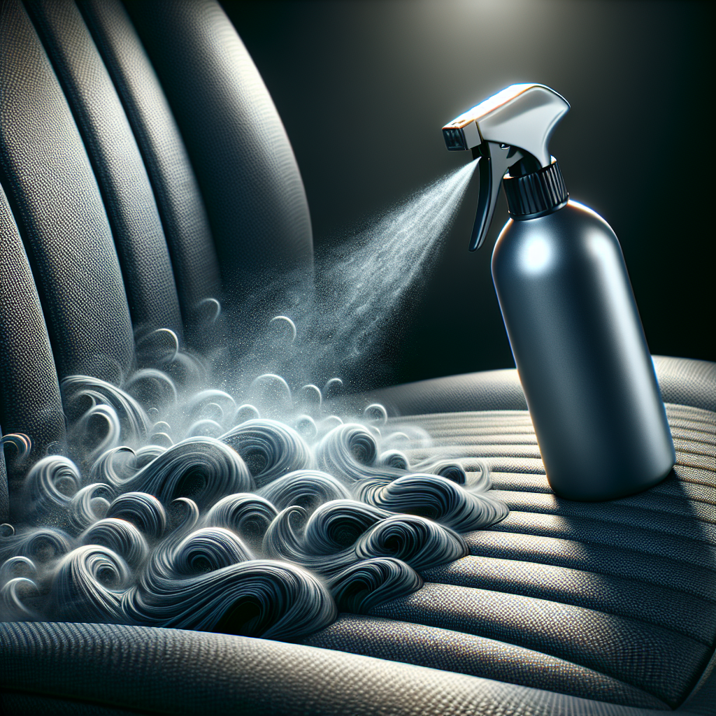 A close-up, dynamic shot of a modern spray bottle (representing Bactodes Geruchsentferner) actively misting a fine spray onto a textured car seat or sofa upholstery. Around the sprayed area, abstract, dark swirling lines (symbolizing unpleasant odors) are visibly dissipating and transforming into clear, refreshing air particles, illustrating the biological breakdown and elimination of odors at their source. The lighting is crisp and highlights the product's effective action.