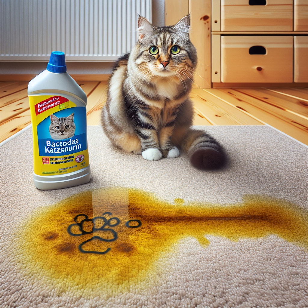 A photo-realistic image depicting a domestic tabby cat looking slightly guilty or nonchalant next to a visible, wet, yellow cat urine stain on a light-colored carpet or wooden floor. A bottle of 'Bactodes Katzenurin' with a German label is prominently placed nearby, suggesting a solution to the persistent problem. The scene should convey the difficulty and unpleasantness of the stain and smell.