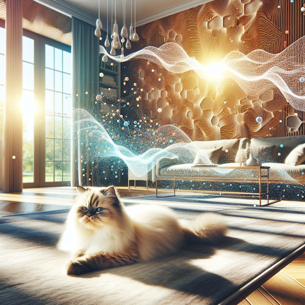 A vibrant and clean image of a cozy living room, bathed in natural light, with a happy, relaxed domestic cat (e.g., a fluffy Persian or sleek Siamese) lounging on a pristine rug or sofa. In the background or subtly integrated, microscopic elements or abstract 'freshness' particles symbolize the biological action of 'Bactodes Katzenurin' effectively neutralizing odors, creating an atmosphere of lasting cleanliness and a fresh scent.