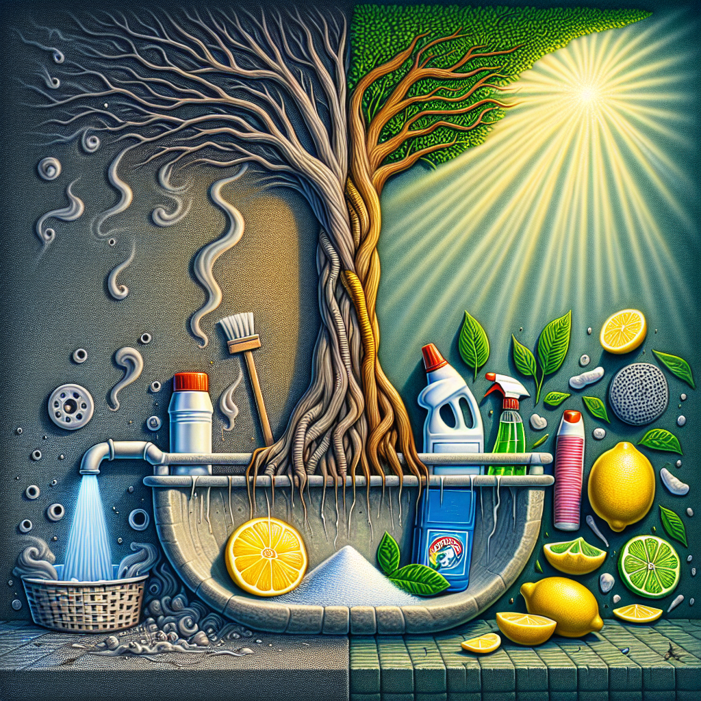 A creative still life composition illustrating the fight against bad bathroom odors. On one side, a subtle, dark, stylized cloud of 'bad smell' emanates from a barely visible, dark drain or corner. On the other side, a collection of fresh, clean elements like sliced lemons, an open box of baking soda, a sparkling cleaning spray bottle, and a small, vibrant green plant are arranged, with metaphorical beams of light connecting them to the dissipating odor. The mood is one of effective freshness and cleanliness overcoming unpleasantness, rendered in a realistic, high-detail style.