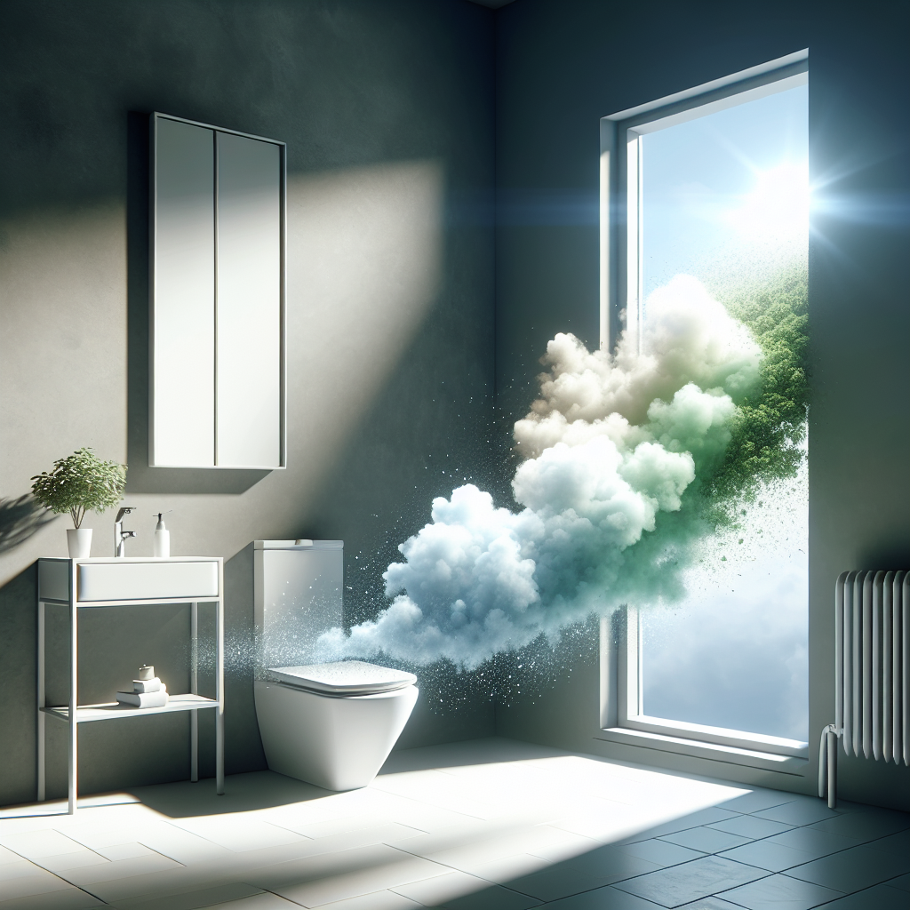A modern, minimalist bathroom with an open window. A subtle, almost invisible cloud of 'bad odor' (represented by dull, slightly greenish hues) is being dissipated and pushed out of the window by a strong, visible current of 'fresh air' (represented by bright, clean white and light blue hues). The bathroom itself is spotless, with clean surfaces and a fresh plant, emphasizing the transformation from stuffy to airy. Realistic, high-key lighting.