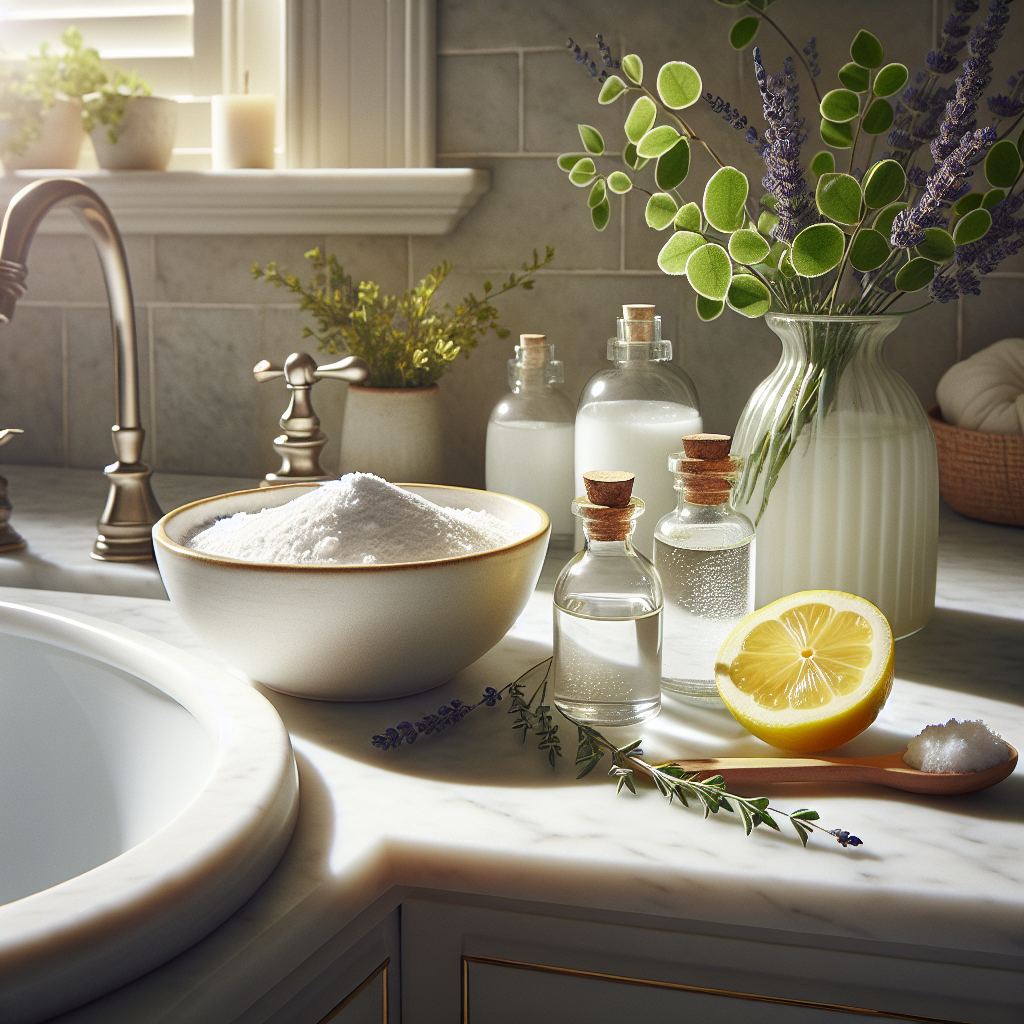 A clean, bright bathroom countertop featuring a still life arrangement of natural odor neutralizers: a small white bowl filled with baking soda, a freshly cut lemon with a few green leaves, a small glass bottle of white vinegar, and a sprig of fresh lavender or eucalyptus. The background is a clean, out-of-focus bathroom interior, perhaps a white sink or tiled wall, suggesting a pristine environment. Soft, natural light, realistic photography style.