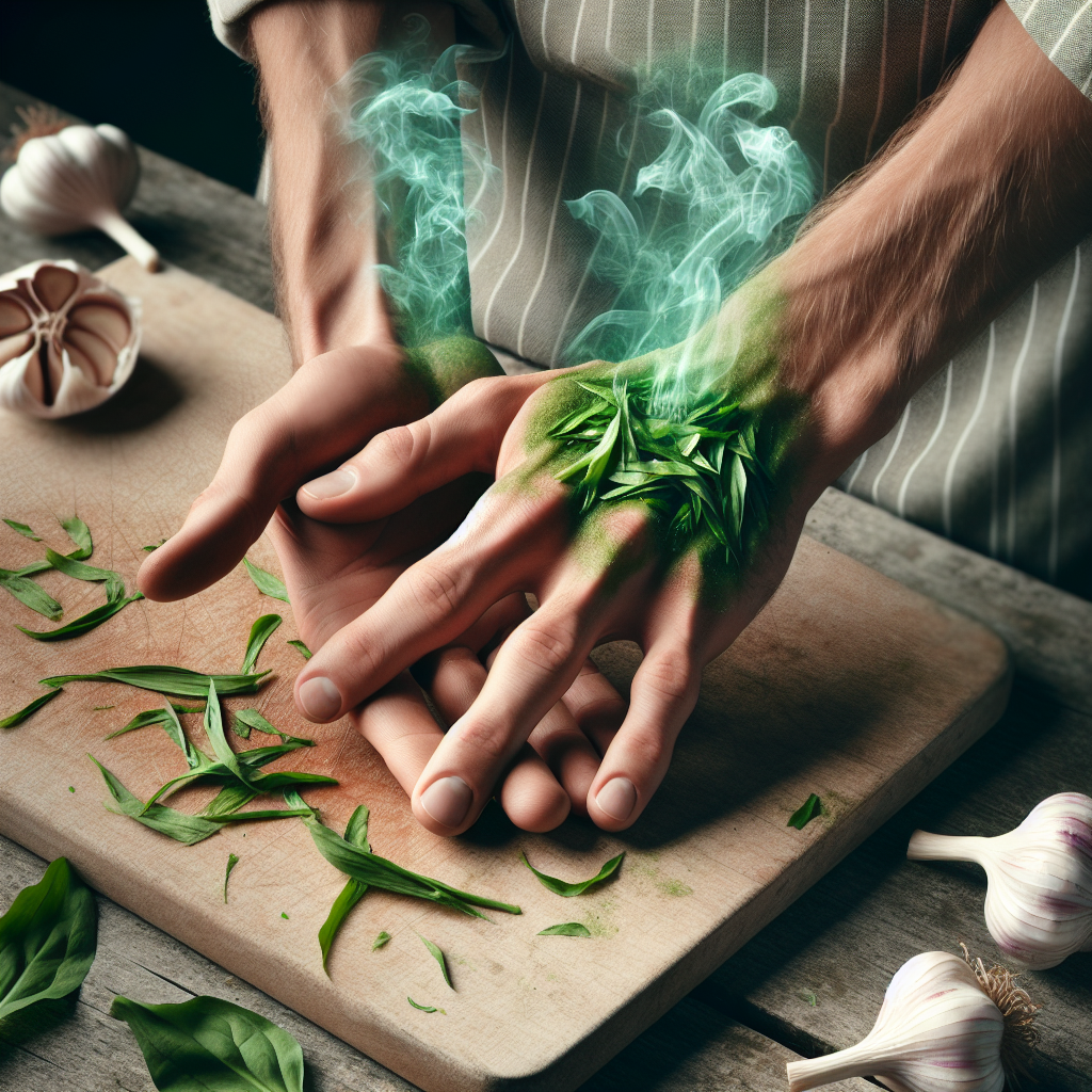 Close-up of hands after chopping wild garlic (Bärlauch), with a visible, stylized green, pungent aroma cloud emanating from them. The hands are slightly stained, near a cutting board with leftover wild garlic leaves. The image conveys the stubbornness of the strong garlic smell. Realistic, kitchen setting, natural light.