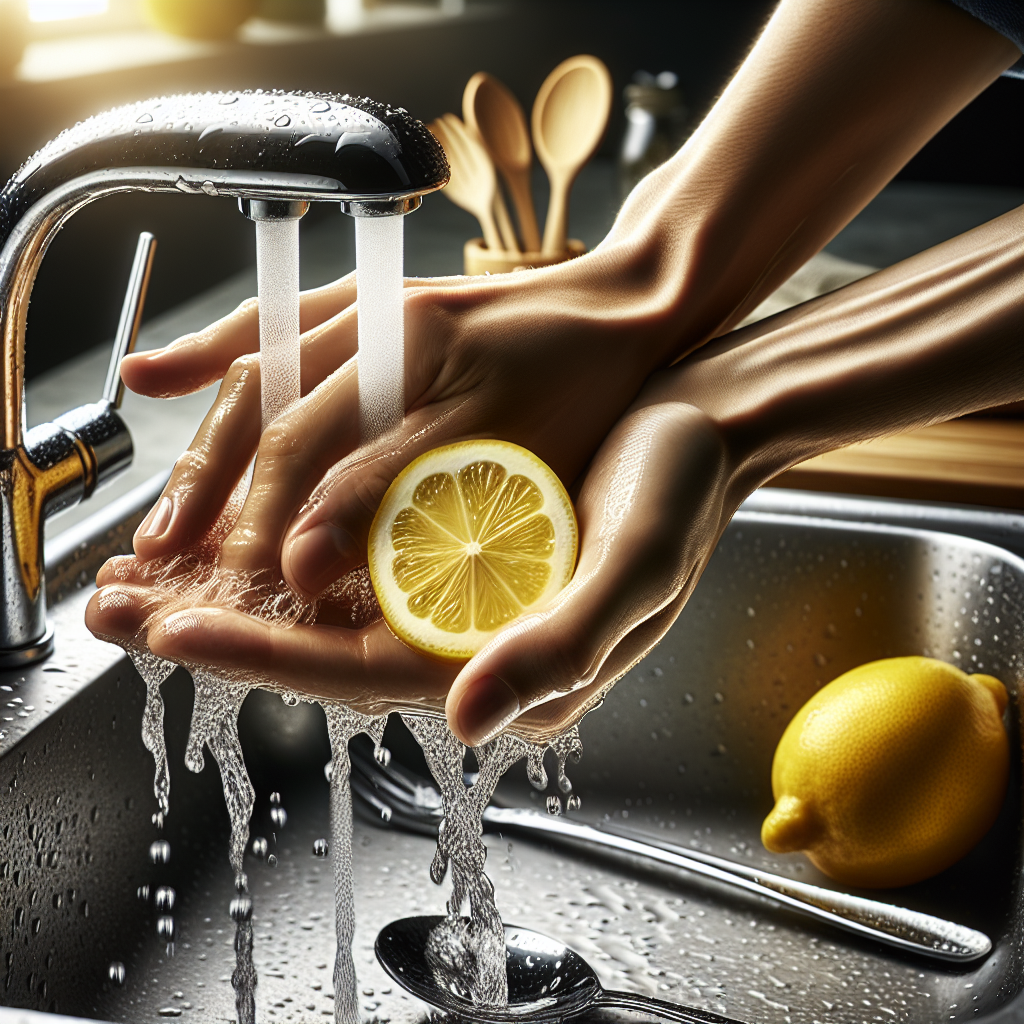 Close-up of hands under a gentle stream of water, actively rubbing a slice of fresh lemon on one hand, while the other hand is near a gleaming stainless steel spoon or faucet. The scene should convey cleanliness, freshness, and the effective removal of strong odors. Bright, clean, optimistic lighting, kitchen sink background. Realistic.