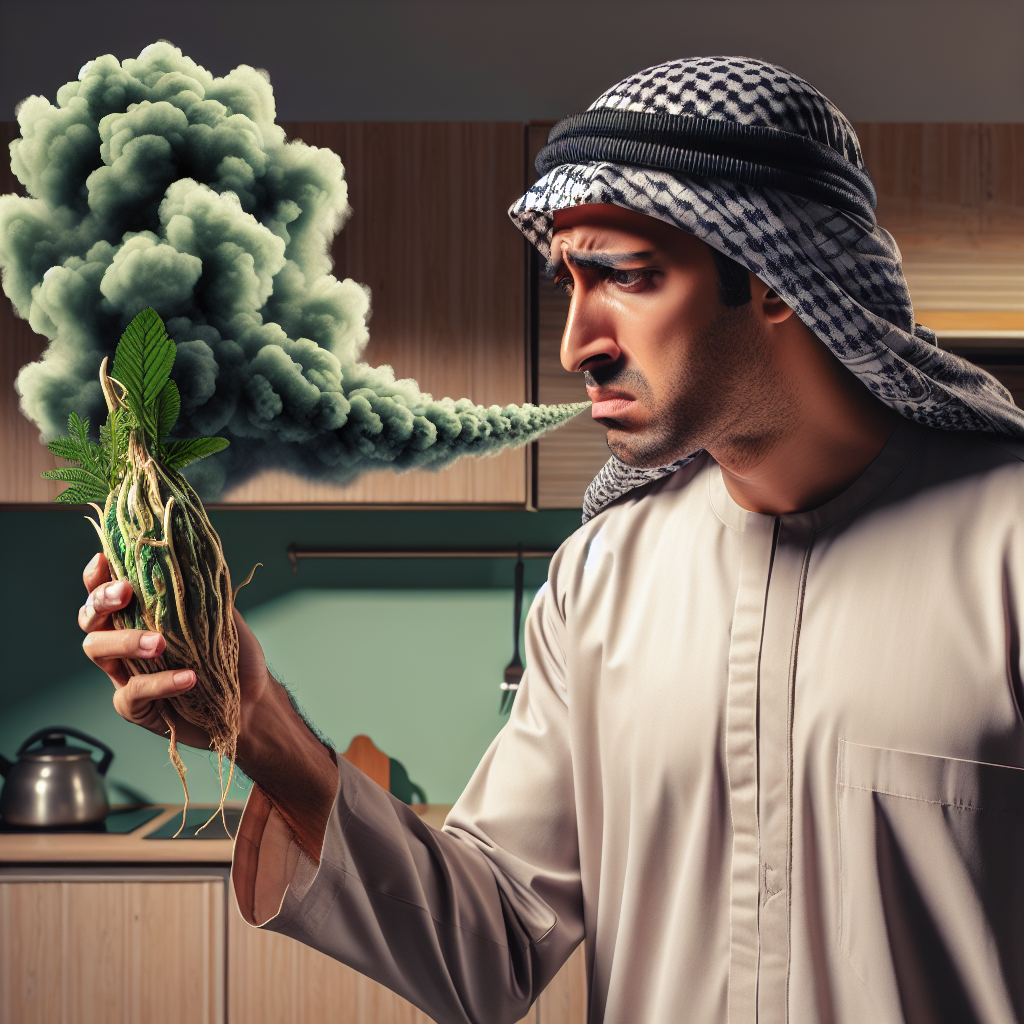 A person, slightly annoyed or disgusted, reacting to a strong, visible green odor cloud emanating from a valerian root held in their hand, with the smell visibly spreading through a cozy, domestic kitchen. The scene should highlight the pervasive and unpleasant nature of the valerian smell. Realistic style, natural lighting.