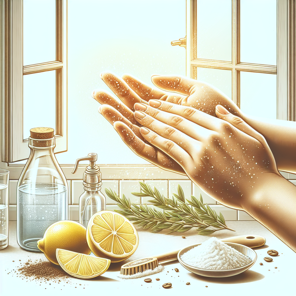 A pair of clean, fresh hands, possibly having just been washed, with a subtle background hint of lemon slices, vinegar, or coffee grounds on a clean surface. In the background, a brightly lit open window lets in fresh air, symbolizing relief and odor neutralization. Realistic style, bright and serene.