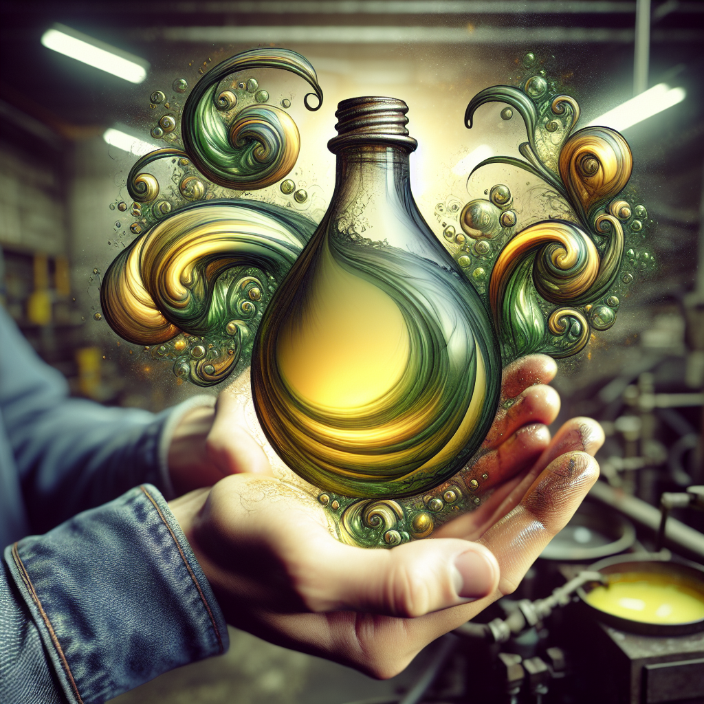 A close-up of a person's hands, subtly glistening with an oily residue from Ballistol. A faint, swirling, greenish-yellow 'smell cloud' emanates from the hands, visually representing a strong, persistent oil odor. The background is a softly blurred, workshop-like environment, conveying a sense of the smell lingering. Realistic photo, slightly muted colors, high detail.