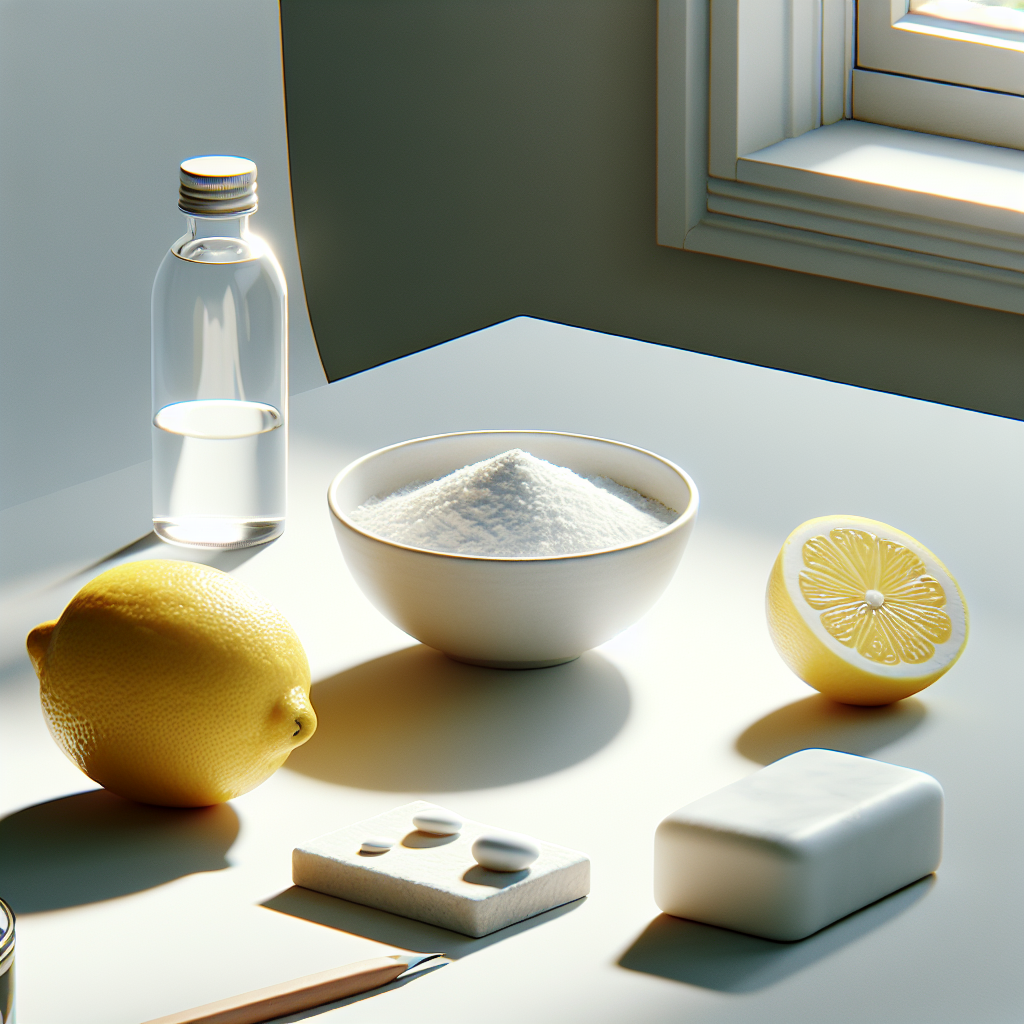 A clean and bright still life arrangement on a pristine white surface, featuring a freshly cut lemon, a small bowl of white baking soda, and a bar of soap. In the background, a window is slightly ajar, with a gentle breeze subtly suggested by soft light, symbolizing freshness, cleanliness, and odor neutralization. Bright, professional product photography style.