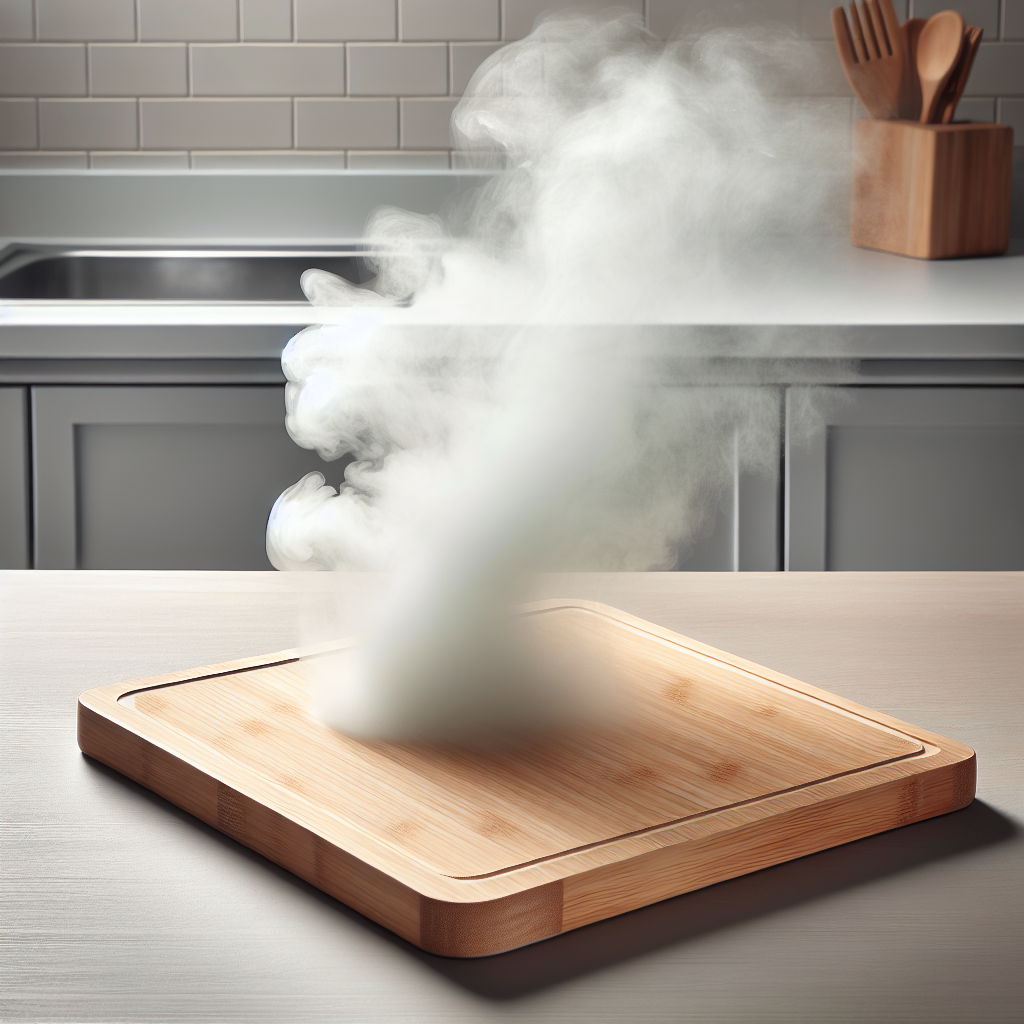 A new, light-colored bamboo cutting board on a minimalist kitchen countertop. A subtle, wispy, greenish-gray cloud of unpleasant odor is visibly emanating from one corner of the board, contrasting with the otherwise clean and bright kitchen environment. The scene subtly conveys a sense of an unwanted smell, in a modern, clean style.