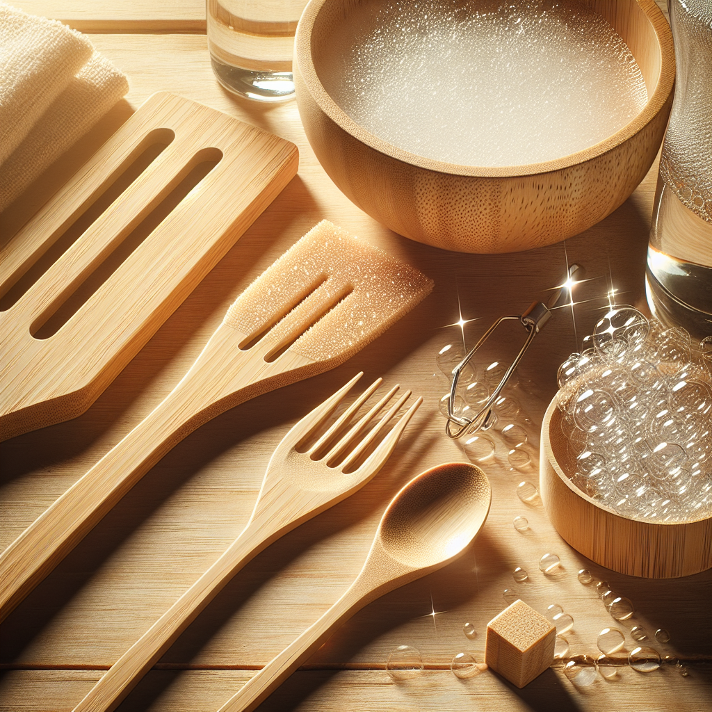 An aesthetic arrangement of sparkling clean and dry bamboo kitchen utensils (e.g., spatula, spoon, small cutting board), bathed in soft, natural light on a light wooden surface. There are subtle visual cues of freshness, like gentle sunlight creating a warm glow, emphasizing hygiene and natural beauty. Bright, inviting, high detail.