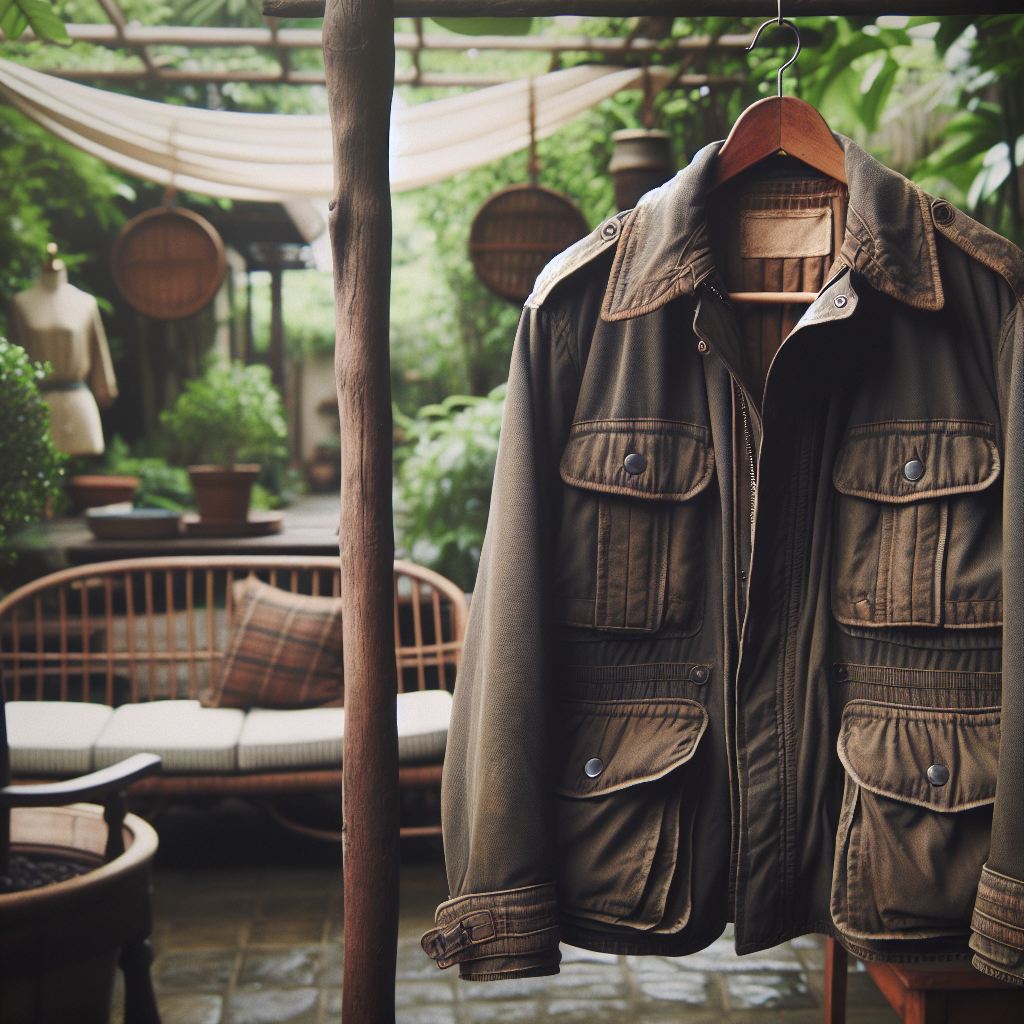 A classic, well-worn Barbour jacket hanging on a wooden hanger outdoors, gently swaying in a fresh, cool breeze. The background shows a rustic, natural setting like a garden or courtyard, emphasizing ventilation and natural airing. Realistic photo, soft natural light.