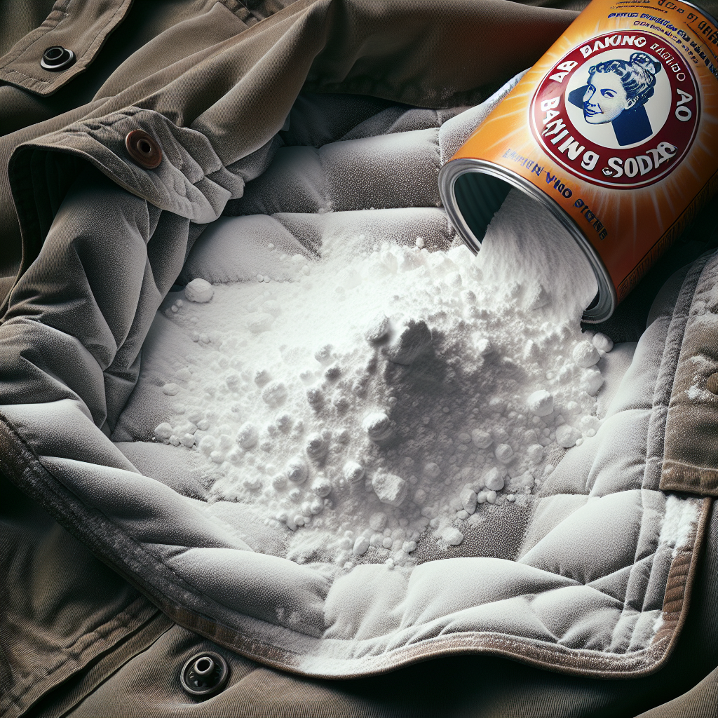 Close-up photo of the inner lining of a Barbour jacket, laid flat on a textured surface. White baking soda powder is visibly sprinkled across the fabric, with a vintage-style packet or box of baking soda partially visible in the background. The scene highlights a home remedy in action. Realistic, soft studio lighting, focus on fabric texture and powder.