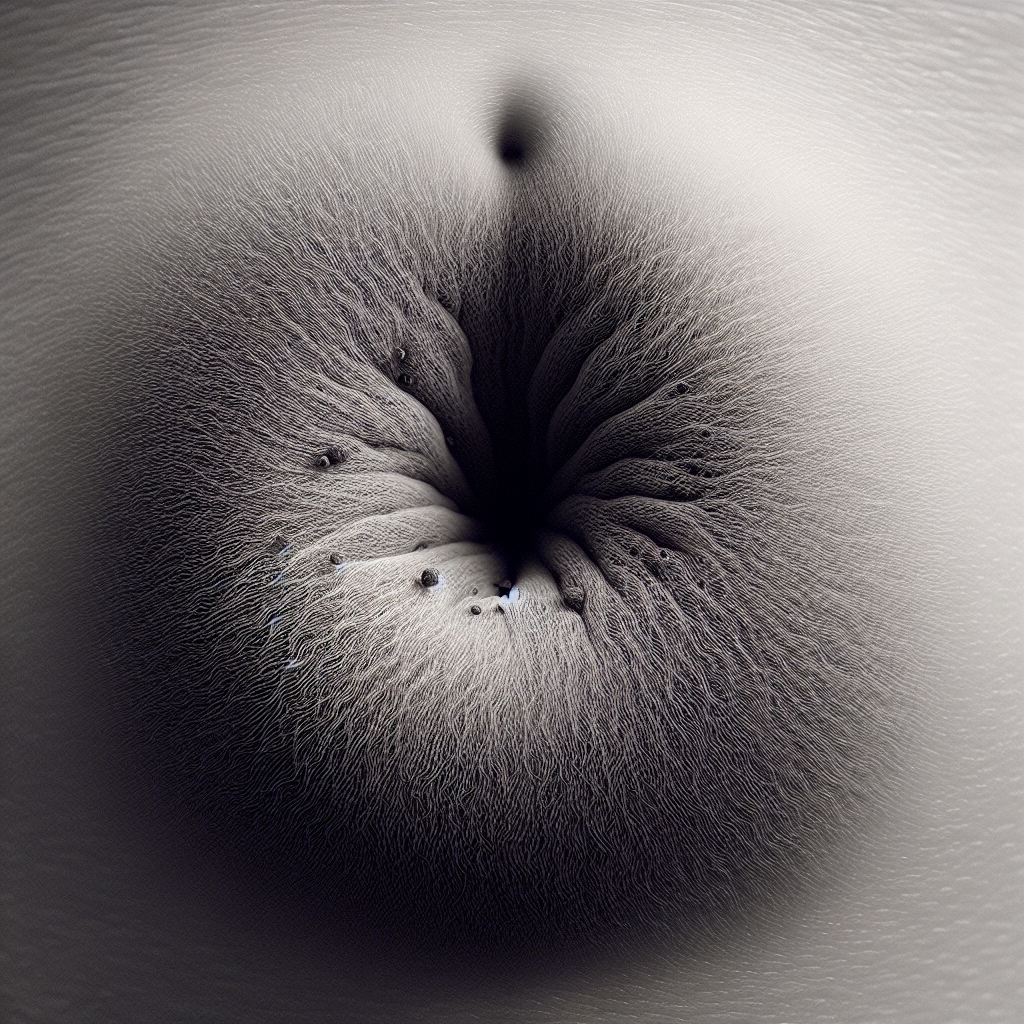Close-up of a human belly button with a subtle, almost invisible, dark shadow or a wispy, light grey haze subtly emerging from its depth, metaphorically representing an unpleasant odor. Tiny, microscopic dots or fibers are barely visible within the navel, hinting at trapped residue. The surrounding skin is clean, but the focus is on the navel's hidden issue. Realistic, detailed photography, soft natural light.