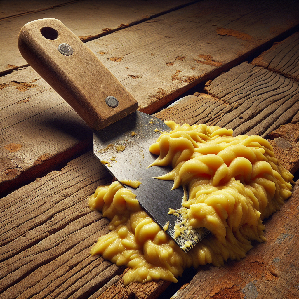 Close-up of a stubborn, dried, yellowish construction foam (Bauschaum) stain firmly stuck on a rustic wooden floorboard, with a metal spatula resting beside it, emphasizing the difficulty and challenge of removal. Realistic, high-detail photograph with natural lighting.