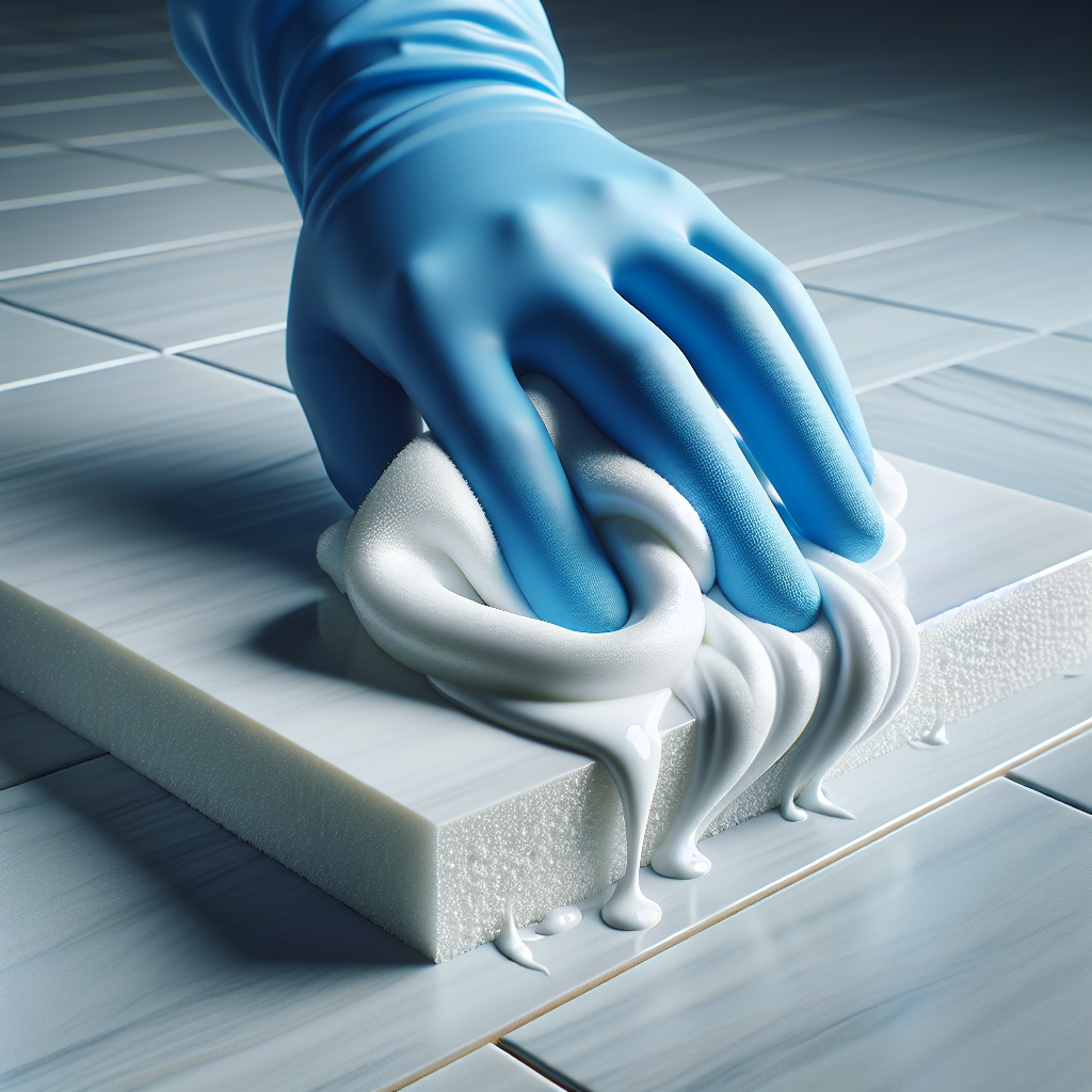 A gloved hand (e.g., blue latex glove) carefully and effectively wiping away a small amount of fresh, soft white construction foam (Bauschaum) from a clean, smooth light-colored tile surface using a soft white cloth. The foam is visibly coming off easily, conveying a sense of successful cleaning. Bright, professional product photography style.