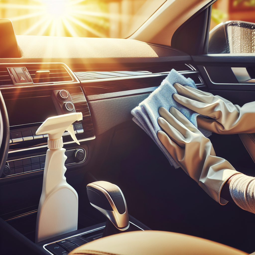 A bright and clean close-up shot inside a car, focusing on a person's hands actively cleaning a car's dashboard or upholstery with a cleaning spray and a microfiber cloth. Sunlight streams through the open window, illuminating the cleaning process and making the car interior appear fresh and pristine. Emphasize a sense of renewed cleanliness and effort.