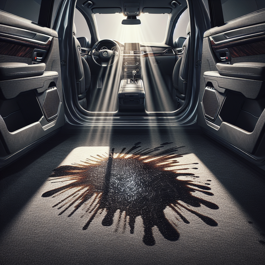 A modern car interior with all doors and the trunk wide open, aggressively airing out. Sunlight streams into the empty space, highlighting a subtle, dark, slightly iridescent stain on the driver's side floor mat, indicating a recent gasoline spill. The scene conveys an urgent, immediate reaction to an unpleasant odor, emphasizing ventilation and the start of the cleaning process.