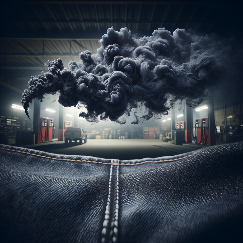 A close-up of a dark-colored fabric, like a denim shirt or work pants, with a stylized, swirling cloud of dark, unpleasant fumes visibly emanating from it, representing a strong, persistent gasoline smell. The background is a slightly blurred suggestion of a garage or gas station. The image conveys the stubbornness and unpleasantness of the odor. Realistic, detailed, dramatic lighting.