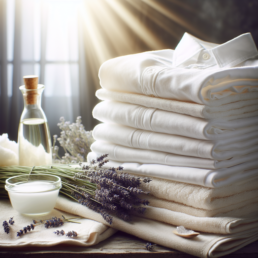 A pile of freshly laundered, clean clothes (e.g., white towels, a crisp shirt) bathed in bright, soft light, radiating an ethereal glow of freshness and cleanliness. In the background, subtly out of focus, are natural elements like a sprig of lavender or a bottle of white vinegar, suggesting natural cleaning solutions. The overall image evokes a sense of purity, relief, and a pleasant scent. Clean, minimalist aesthetic, high detail.