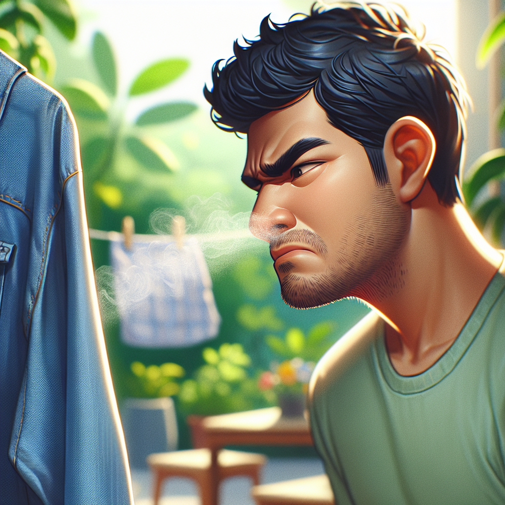A person, slightly frowning, holding up a piece of clothing (like a t-shirt or jeans) to their nose, indicating an unpleasant gasoline smell. The setting is outdoors on a bright day, possibly a balcony or a fresh backyard, with a blurry background of green leaves or a clothesline. The overall mood is slightly annoyed but hopeful. Realistic photo, soft focus background, natural light.