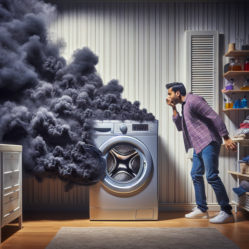 A front-loading washing machine with its door slightly ajar, from which dark, acrid, and smoky fumes visibly emanate, representing a strong gasoline smell. A person's hand is covering their nose in disgust in the foreground. The scene is a slightly cluttered utility room. Realistic photography style.