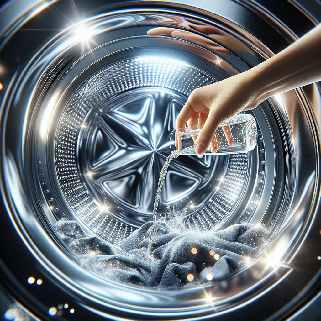 A close-up of a sparkling clean washing machine drum, with a fresh, airy feeling indicated by subtle light particles. A hand is shown pouring a clear liquid (like vinegar) into the detergent drawer. Bright and clean aesthetic, symbolizing odor removal and freshness. Realistic photography style.