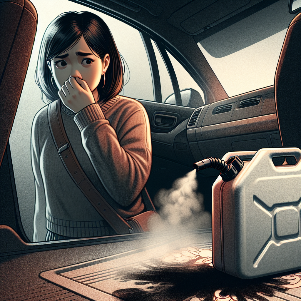 A person, visibly distressed and holding their nose, stands next to a small, nearly empty gas can that has clearly leaked onto a car floor mat. A subtle, dark, unpleasant vapor effect emanates from the spill, suggesting a pervasive, foul gasoline odor. The setting is a car interior. Cinematic, realistic style, emphasizing discomfort and the strong smell.
