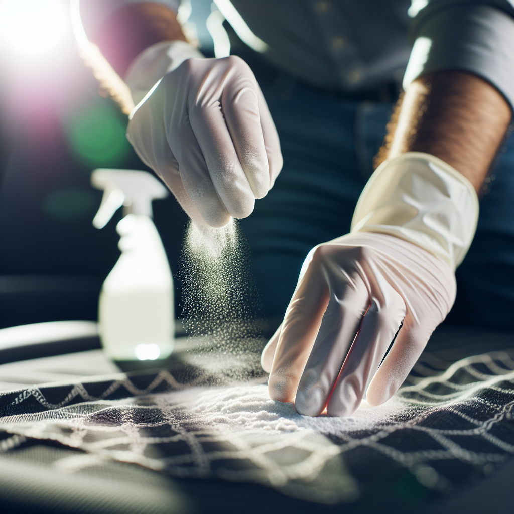 A close-up of hands wearing translucent cleaning gloves, actively sprinkling white baking soda powder onto a piece of dark fabric, possibly a car floor mat or clothing. In the slightly blurred background, a spray bottle of vinegar is visible. The scene is bright and clean, symbolizing effective odor removal and the process of achieving freshness. Good lighting, focus on practical cleaning.