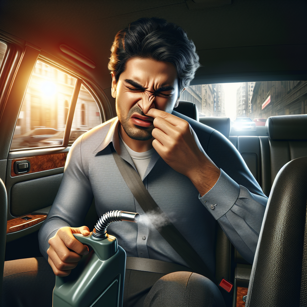 A person inside a car, clearly annoyed and pinching their nose due to a strong, lingering gasoline smell. The car interior looks slightly disheveled, hinting at a recent spill, with sunlight streaming through the windows. The overall mood is one of discomfort and frustration. Realistic, cinematic lighting.