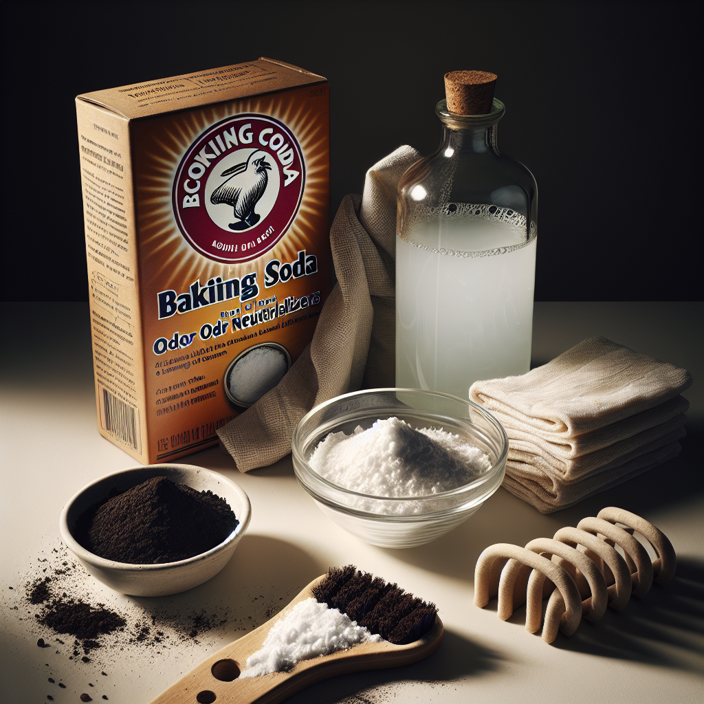 A still life arrangement of common household odor neutralizers: an open box of baking soda, a bowl filled with dark coffee grounds, and a bottle of white vinegar, placed on a clean surface. A cleaning cloth or sponge is nearby. The lighting is bright and inviting, suggesting a simple, effective solution. Realistic, high detail.