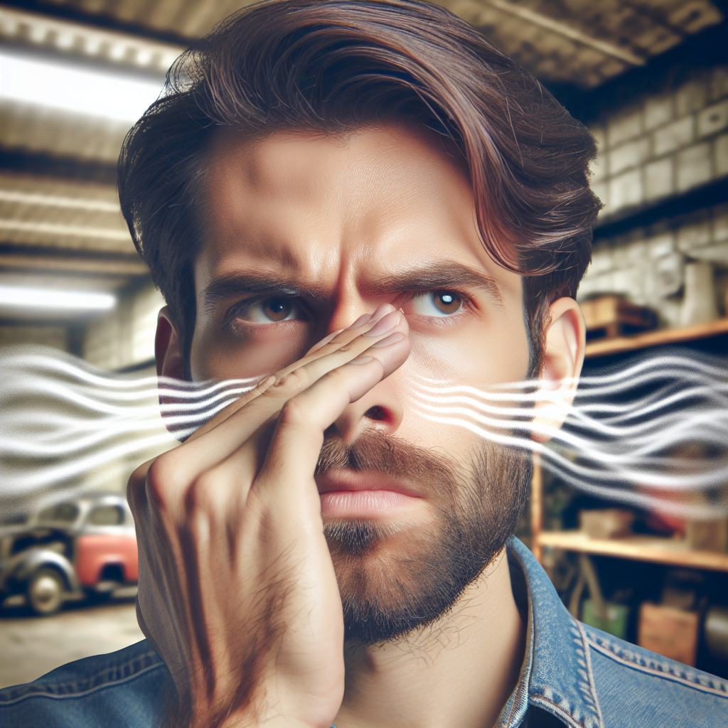 A person with a slightly frustrated expression, holding their hand close to their nose, from which subtle, wavy, unpleasant gasoline-like smell lines visibly emanate. In the blurred background, hints of a car interior or a garage setting are visible, emphasizing the strong, lingering odor.