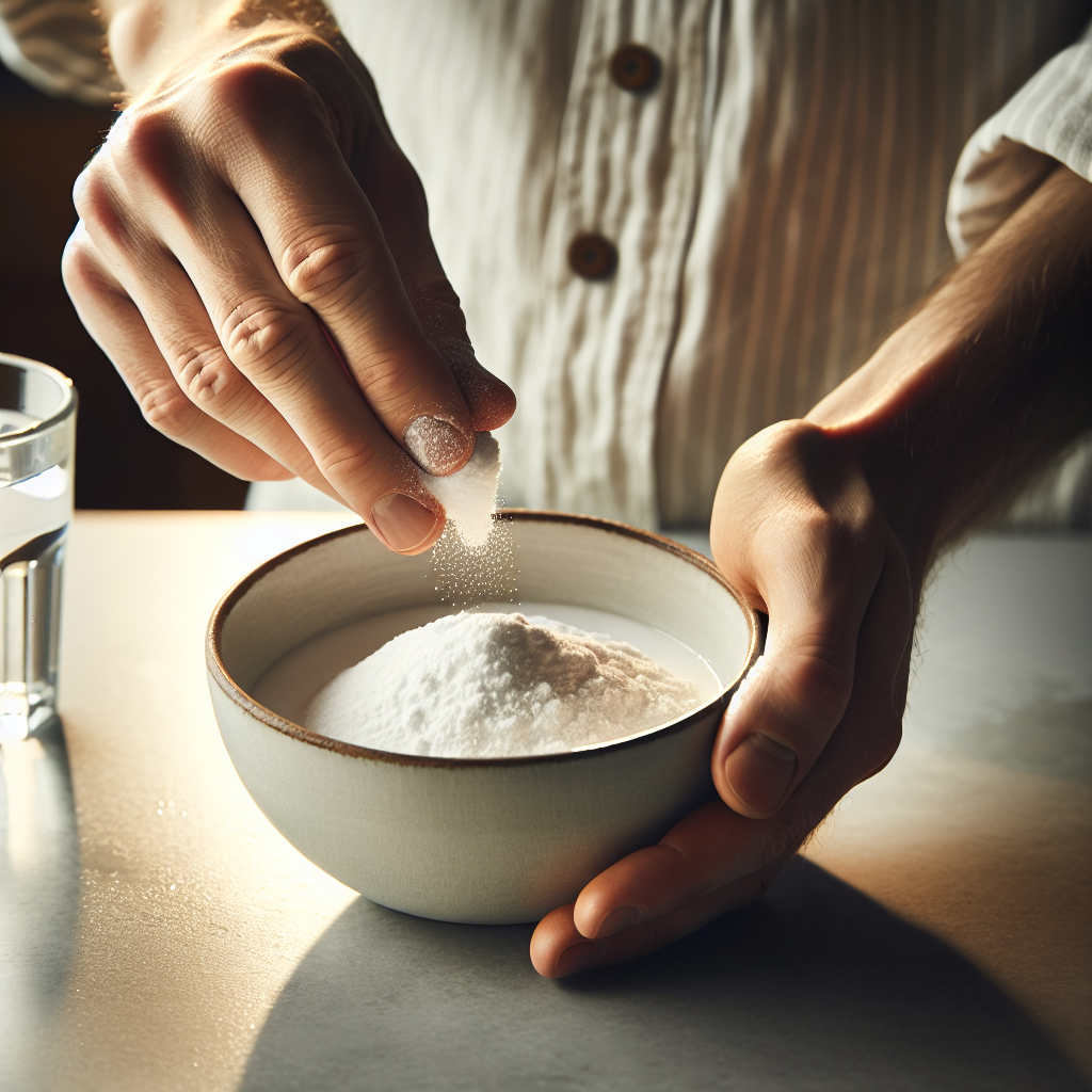 Close-up shot of hands gently mixing white baking soda powder with a bit of water to form a paste in a small, simple bowl. The scene is clean and brightly lit, set on a kitchen counter or bathroom sink, highlighting a natural home remedy for odor removal.