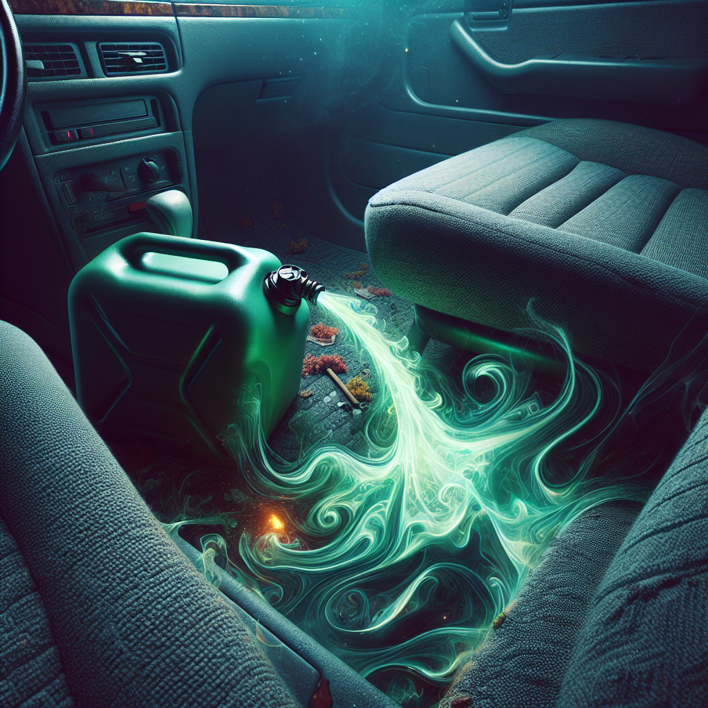 A dramatic, close-up shot inside a car, showing a visible spill of gasoline soaking into the fabric of a car seat or floor mat. Ethereal, wavy lines or a subtle green haze emanate from the spill, visually representing a strong, unpleasant odor. The car interior is slightly dim, conveying a sense of urgency and discomfort. Include details like a partially open gasoline canister or a dripping jerry can nearby. Realistic, impactful, focused on the problem.