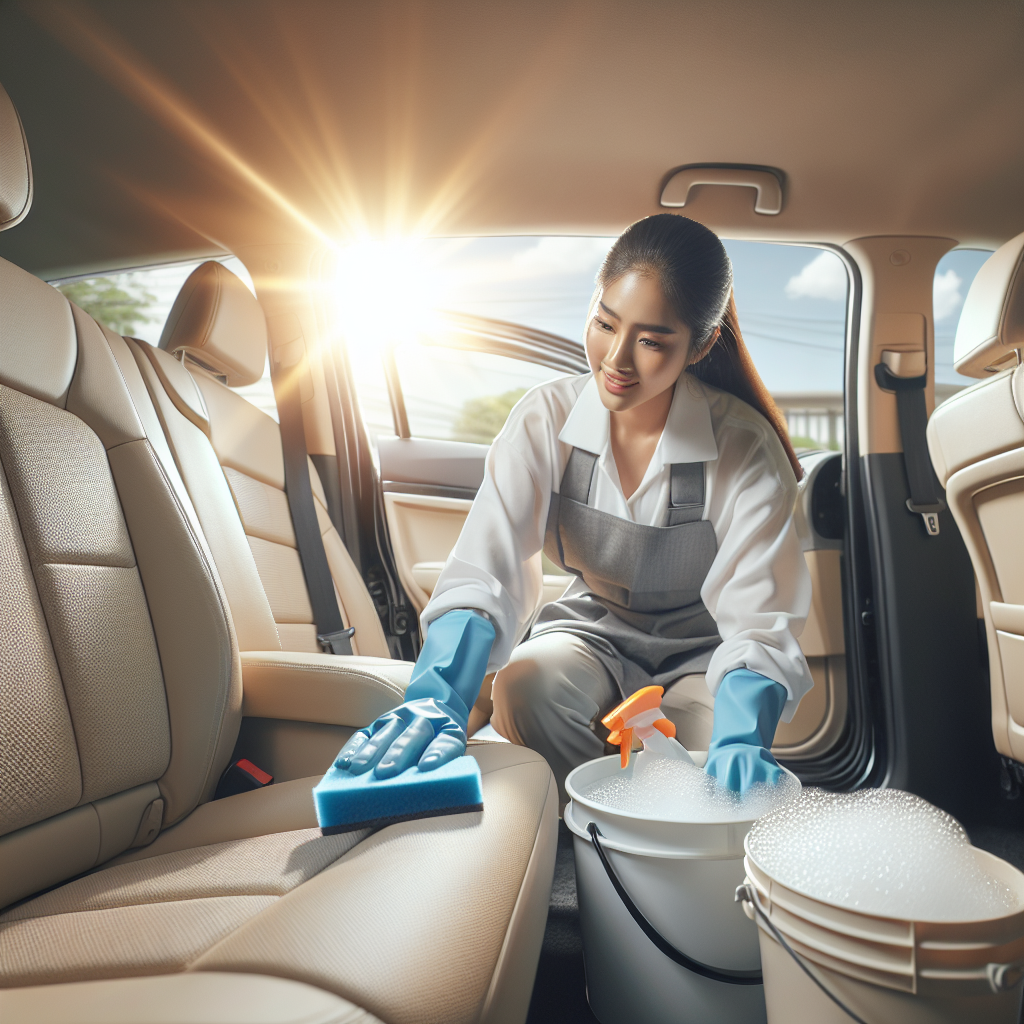 A person wearing protective gloves diligently cleaning the carpet or upholstery of a car interior with a sponge and a bucket of soapy water. Bright sunlight streams through wide-open car doors and windows, emphasizing ventilation and fresh air. The scene conveys a sense of effective action, progress, and a move towards cleanliness and freshness. Realistic, clean, hopeful, focused on the solution.