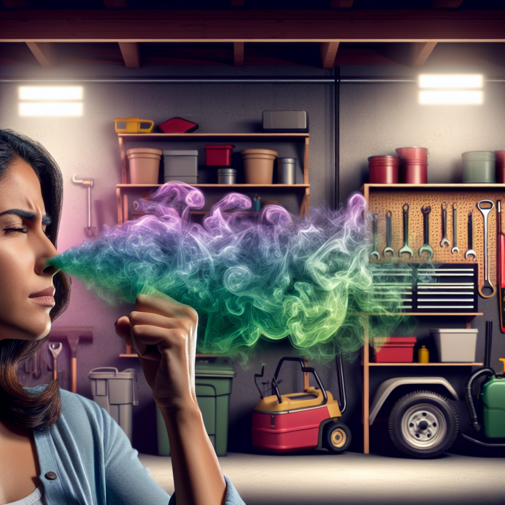 A person, slightly annoyed, holding their nose with a hand, standing in a typical garage setting. A subtle, stylized green or purple 'smell' haze emanates from an unseen source, emphasizing the unpleasant gasoline odor. The garage has various tools, shelves, and a hint of a car or old lawnmower in the background. Realistic, slightly atmospheric lighting, wide shot.