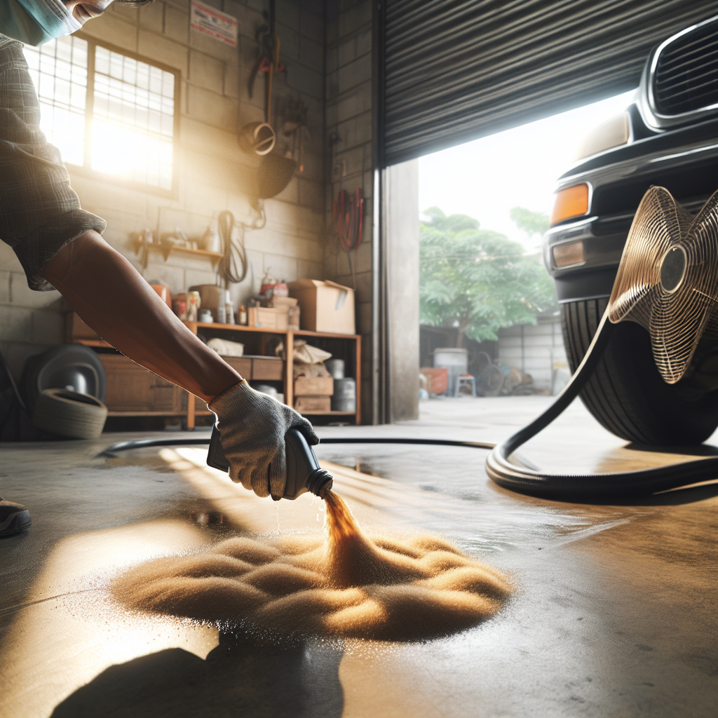 A brightly lit, clean garage with a strong emphasis on ventilation. The main garage door is wide open, letting in bright sunlight. A large fan is actively blowing air. In the foreground, hands are carefully cleaning a small, stylized gasoline spill on a concrete floor with absorbent material like cat litter. The overall mood is fresh and proactive, with a sense of progress and cleanliness.