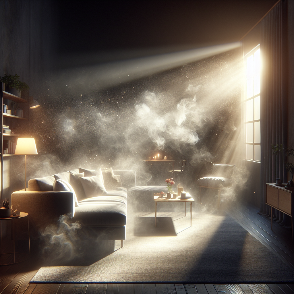 A cozy living room after a small incident, with a subtle, almost visible haze of smoke particles lingering in the air, highlighted by a shaft of sunlight through a window. The atmosphere suggests a persistent, unpleasant odor has settled into the furniture and textiles, creating an uncomfortable feeling. Realistic photo, cinematic lighting.