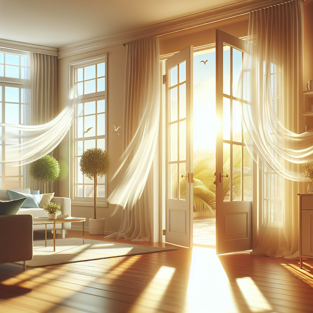 A bright, clean home interior, specifically a living room or kitchen, with windows and doors wide open for cross-ventilation. Curtains billow gently in a fresh breeze, and sunlight streams into the space, creating an atmosphere of renewal, freshness, and cleanliness, symbolizing the successful removal of smoke odors. Realistic photo, vibrant and optimistic.