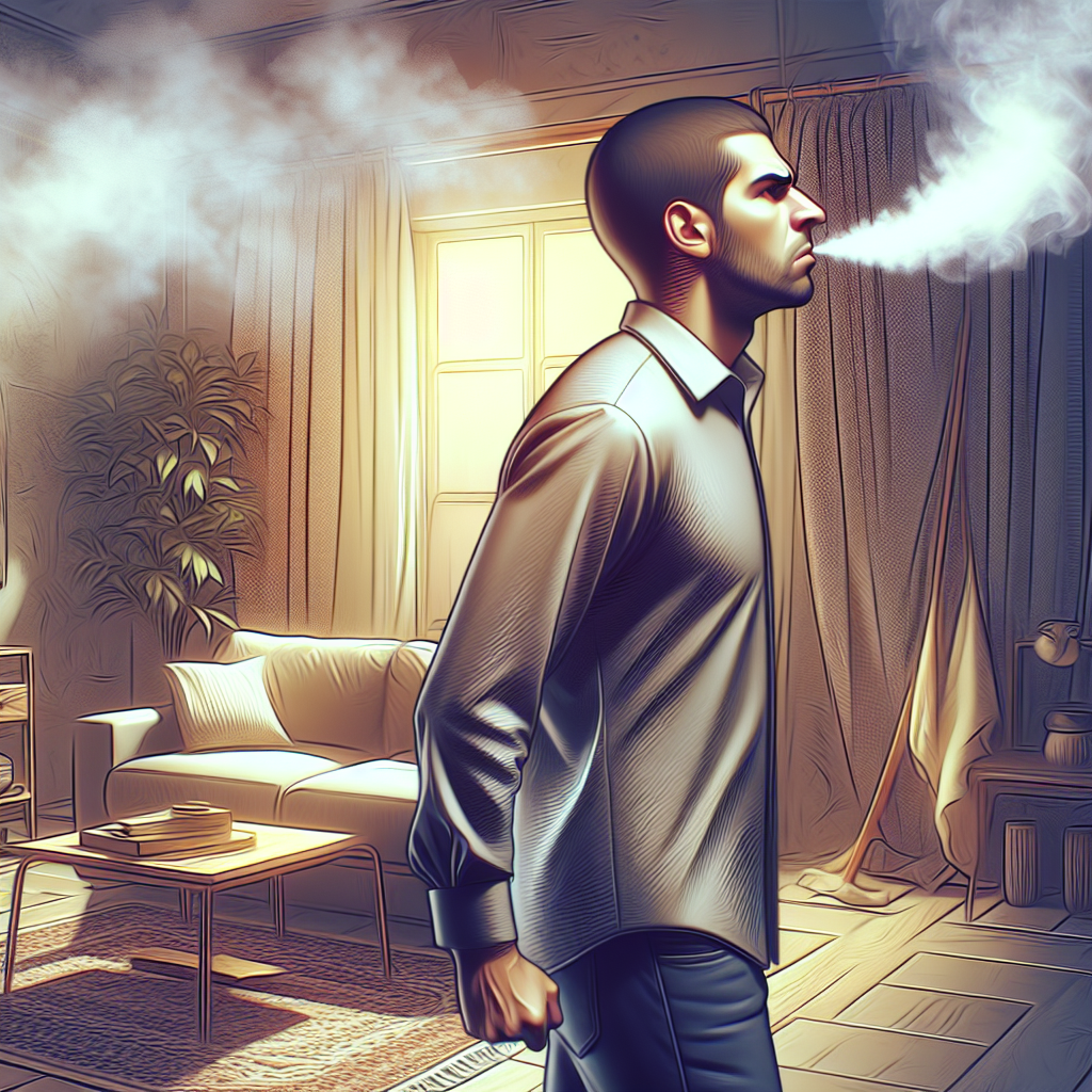 A subtly smoky but seemingly clean living room interior, with a frustrated person wrinkling their nose, indicating the persistent and invisible lingering fire smell after a small incident. Realistic, atmospheric.