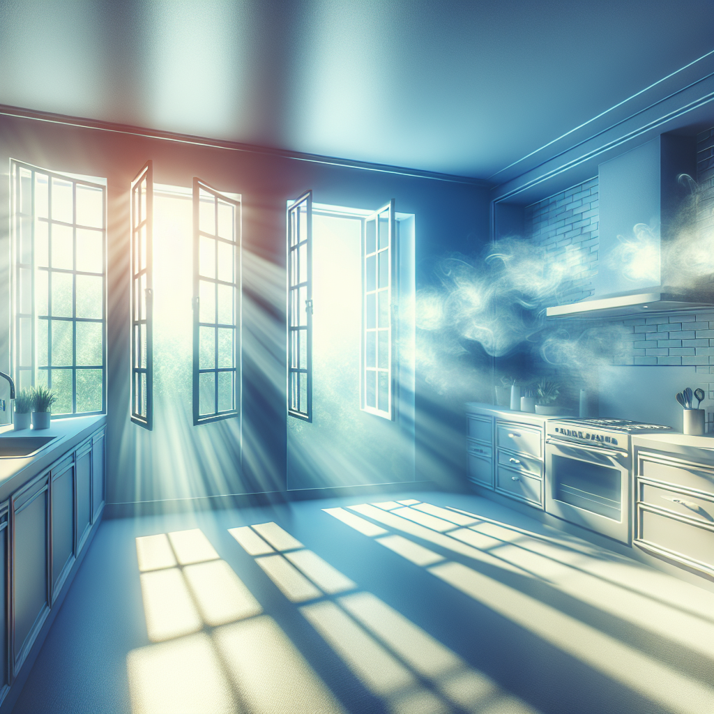 A bright, modern kitchen with large windows wide open, fresh air and sunlight streaming in. A gentle, almost invisible haze of smoke is visibly being drawn out of the windows, symbolizing effective ventilation to remove smoke odor. Clean, hopeful aesthetic.