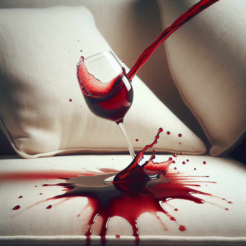 A dramatic close-up of a glass of red wine tipping over, with the deep red liquid splashing onto a pristine white sofa cushion. The focus is on the moment of spill and the spreading stain, conveying urgency and a common household accident. High detail, realistic, soft lighting.