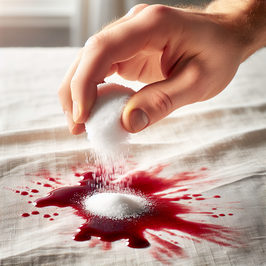 A close-up shot of a hand gently sprinkling a generous amount of white salt onto a fresh, vibrant red wine stain on a light-colored linen tablecloth. The stain is visibly wet, and the salt crystals are clearly visible absorbing the liquid. Bright, clean, domestic setting, focus on the cleaning process. High detail, realistic.