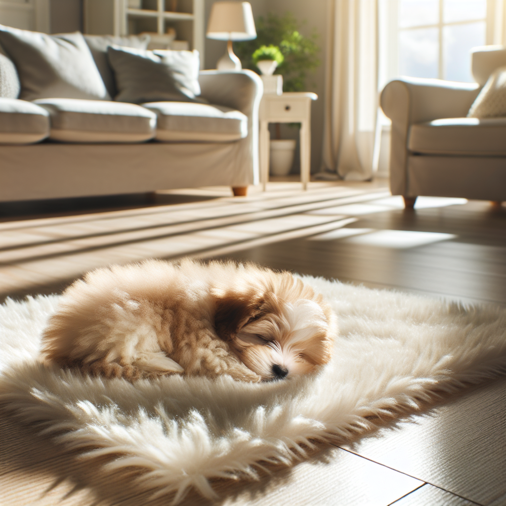 A bright, sunlit living room with a fluffy, clean rug where a small, well-groomed dog or a playful kitten is comfortably napping, emphasizing a fresh, odor-free, and inviting home environment that radiates peace, cleanliness, and hygiene.
